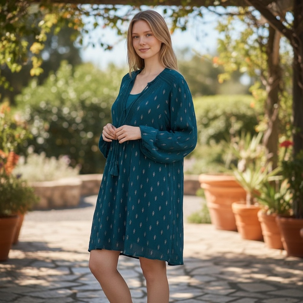 Torrid sz 3 deep green V neck long sleeve boho dress Q